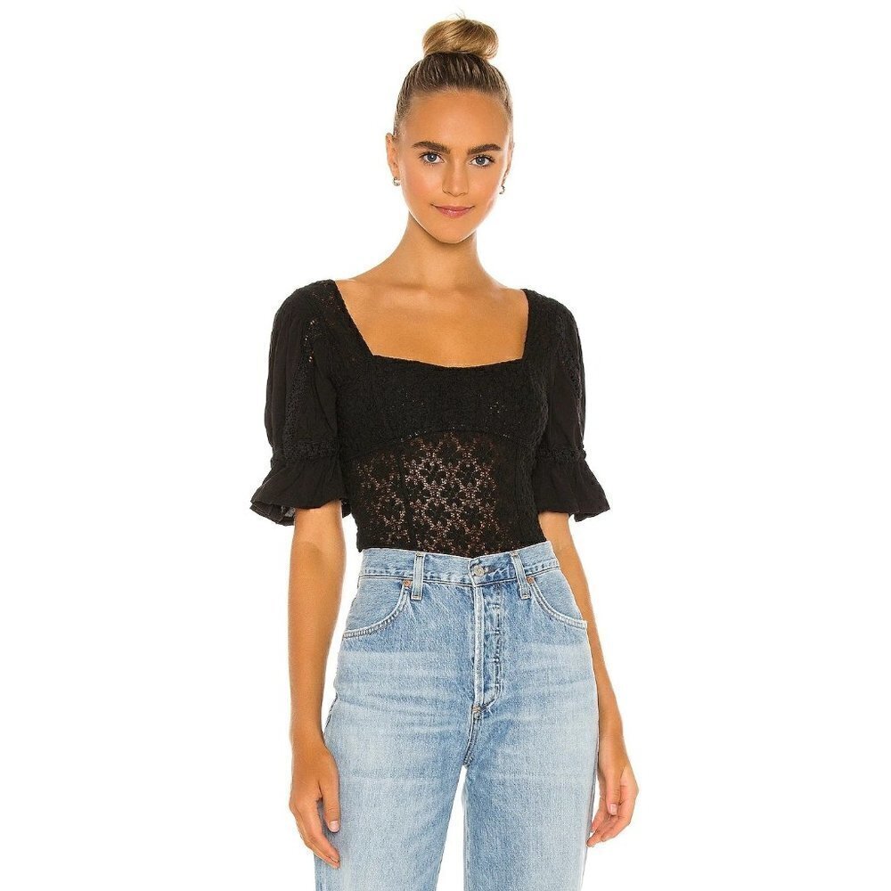 Free People Spring Fling Black Lace Short Sleeve Blouse XS‎